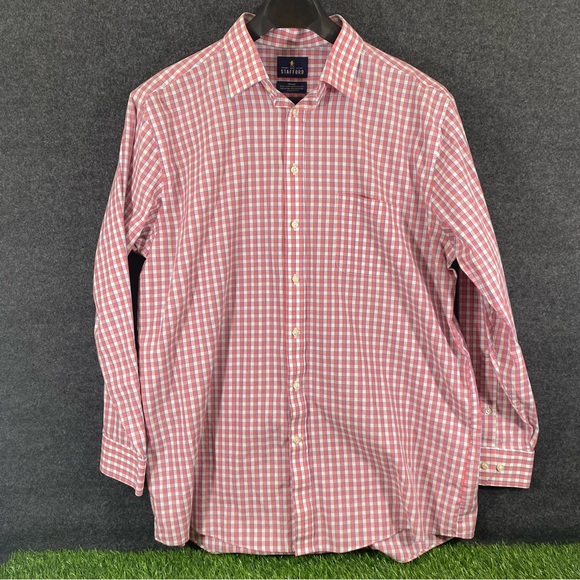 Stafford Executive Travel Pink Blue Checkered Dress Shirt Broadcloth Size 17.5 - Picture 1 of 13